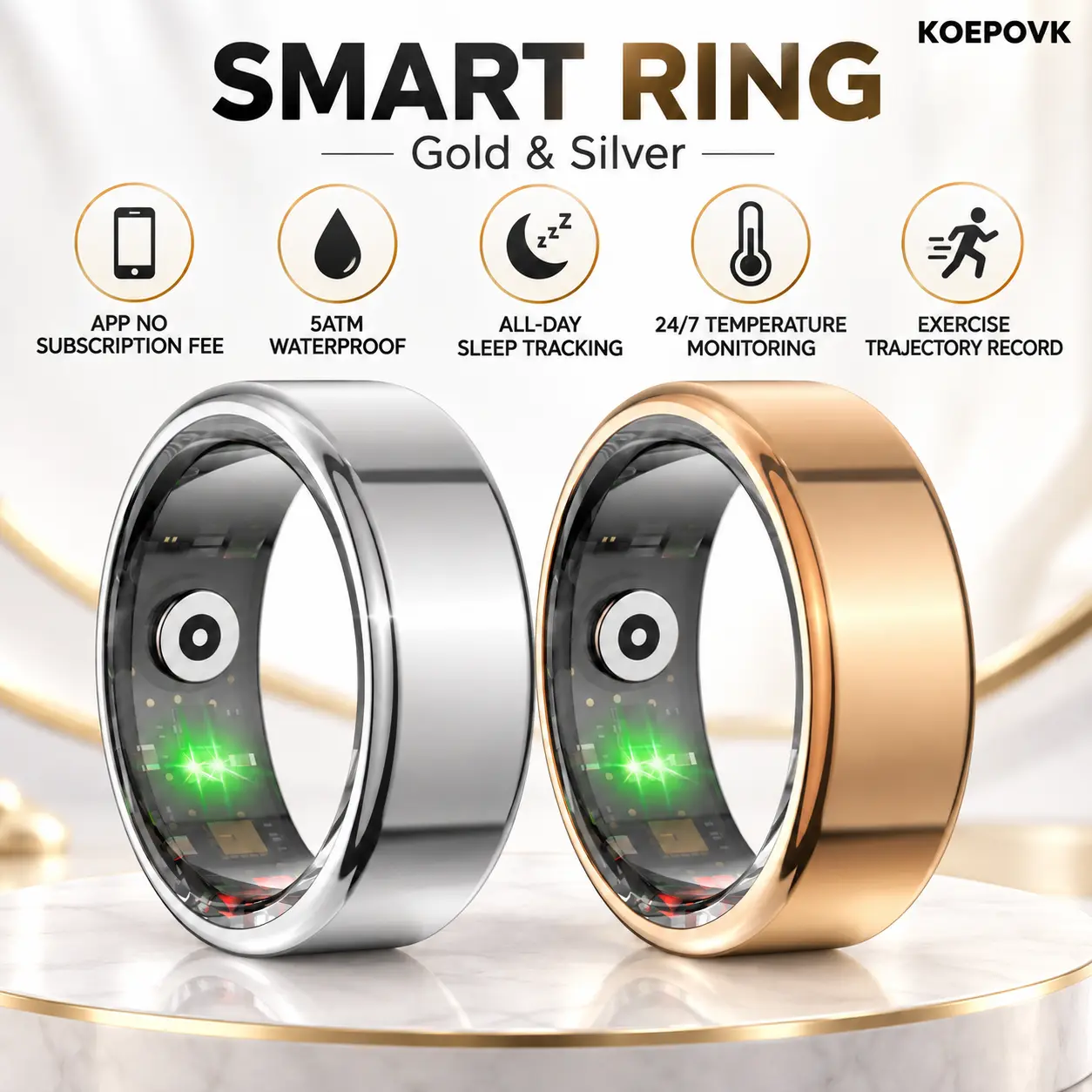 Stainless Steel Smart Ring,Free Subscription,5ATM Waterproof Heart Rate Tracking Fitness Tracker with All-Day Sleep Monitoring, Activity-Stress Tracking, Multi-Sport Modes, 3-5 Days Battery, iOS/Android Compatible, Ideal Holiday Gift for Adults, Heart Rat