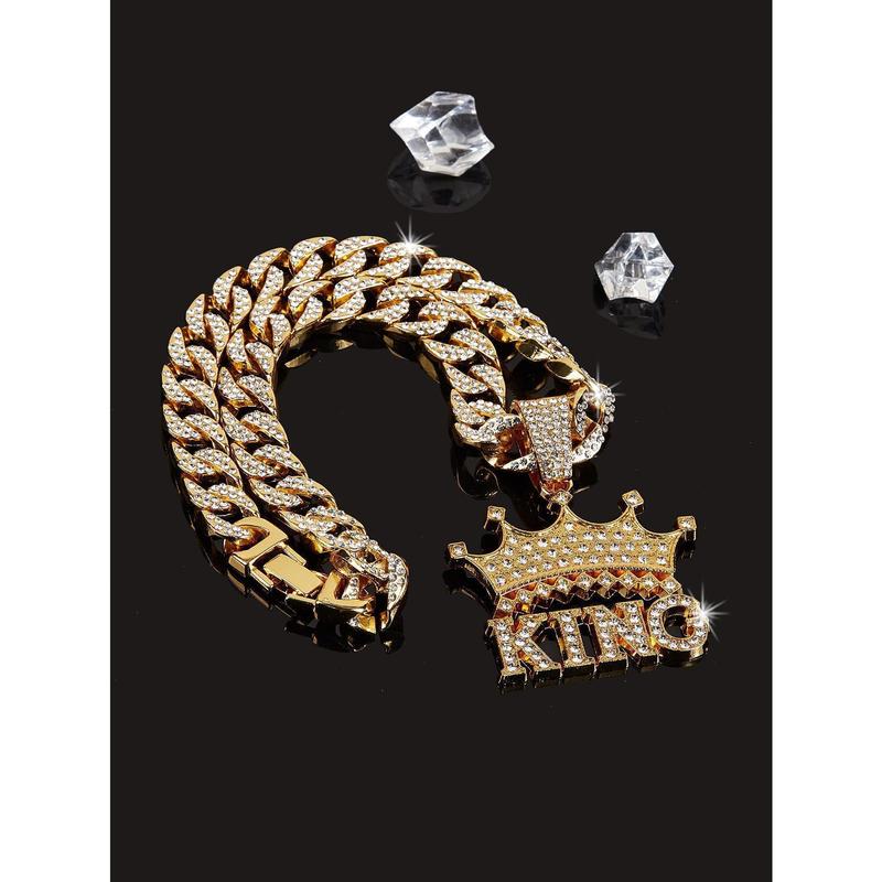 14K Gold Plated King & Crown Pendant with Austrian Rhinestones Miami Cuban Link Chain Italy & Micro Inspired Unisex Hip Hop Necklace for Men & Women Jewelry,Daily Wear, Casual Fashion, Sporty Style, Gift Idea