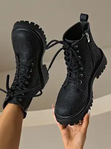 New Women's Thick Sole Motorcycle Boots, Fall Winter Fashion, Light, Side Zipper Round Toe Flat Lace-Up Short Boot, Work Ankle Boots