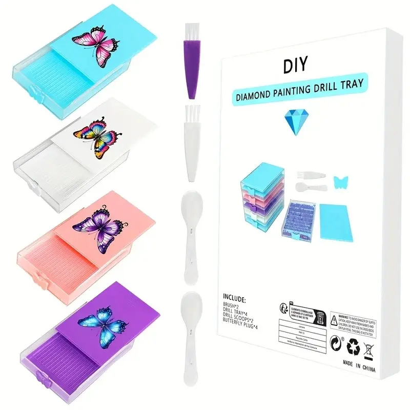 4pcs/Box Diamond Painting Tool Tray Kits Drill Box Butterfly Funnel Screen Drilling Disc Dividing Disc Diamond Moasic Diamond Art Tools