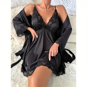 Attractive Satin Lace Dress Featuring Straps, Made from Soft Fiber Fabric in a Solid Color, Designed for Breathability in Women'S Sleepwear