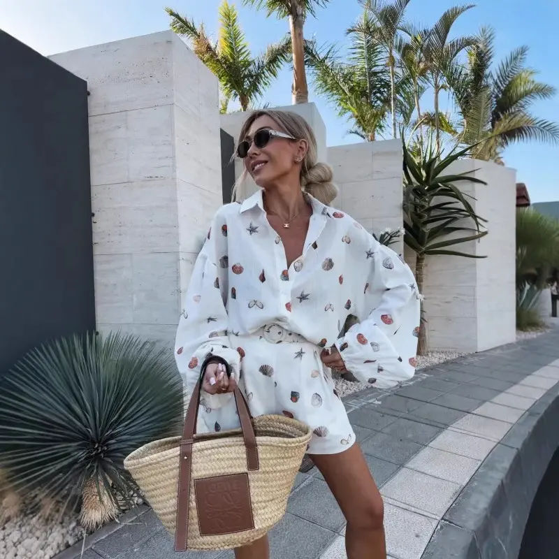 Women's 2-Piece Seashell Print Set - Streetwear Vibe, Balloon Wide-Leg Shorts, Loose Shirt, Minimalist French Uniform, Sun-Protective, Breathable for Summer Beach Daily Wear