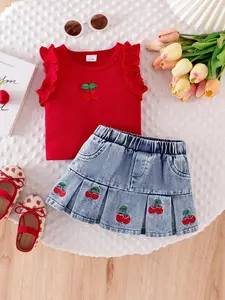 Girls' 2-Piece Set Cherry Embroidery Sleeveless Top and Pleated Denim Skirt, All-Season Fashion, Cute and Stylish Design