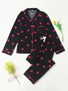 Heart Print Women's Long Sleeve Pajama Set, Comfortable Sleepwear for Ladies, Casual Nightwear, Soft Fabric, Perfect for Home Use