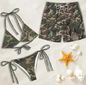 Matching Couple Swimwear Set, Camouflage Bikini and Shorts, Statue Print Beachwear Outfit