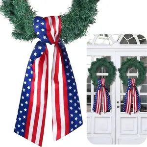 2 Pack Patriotic Wreath Sash, 56 x 4.5 Inch American Flag Star Stripe Wreath Ribbon, DIY Bow Decorative Sash for 4th of July Memorial Day Front Door Yard Home Decor