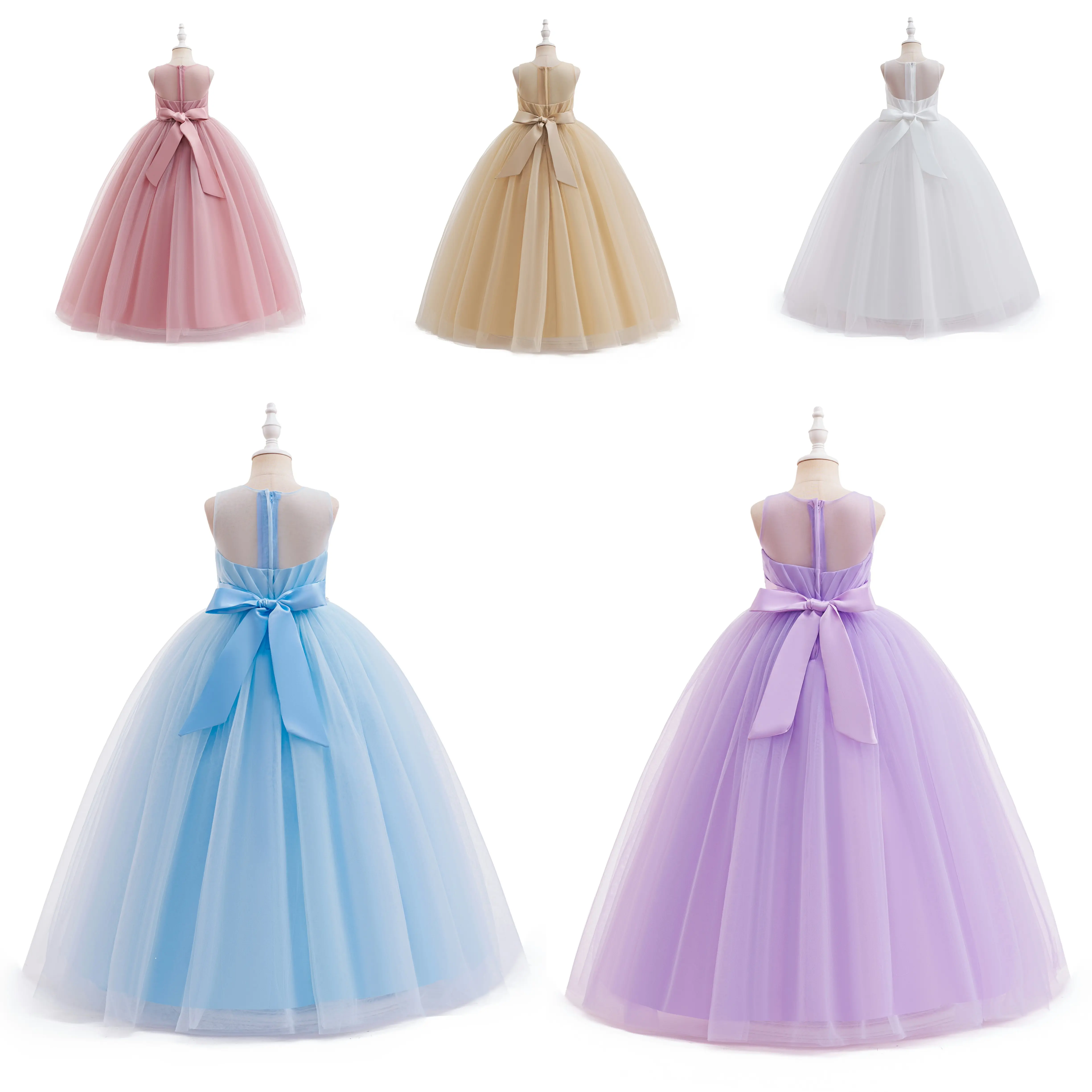 Girls' Gold Princess Flower Girl Dress, Sleeveless Crew Neck Gown with Sequin & Pearl Embellishments, Tie Back Bow for Formal Party, Princess Aesthetic, Long Formal Dress, Plain, Sequin Gems
