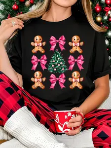 100% Cotton Women T-shirt  Women Christmas T-shirt Cute Coquette Pink Bow Xmas Gingerbread Man Christmas Tree T-Shirt Print Round Neck Short Sleeve T-Shirt For Women Casual, Summer, Women Top Graphic Tees Women Tops