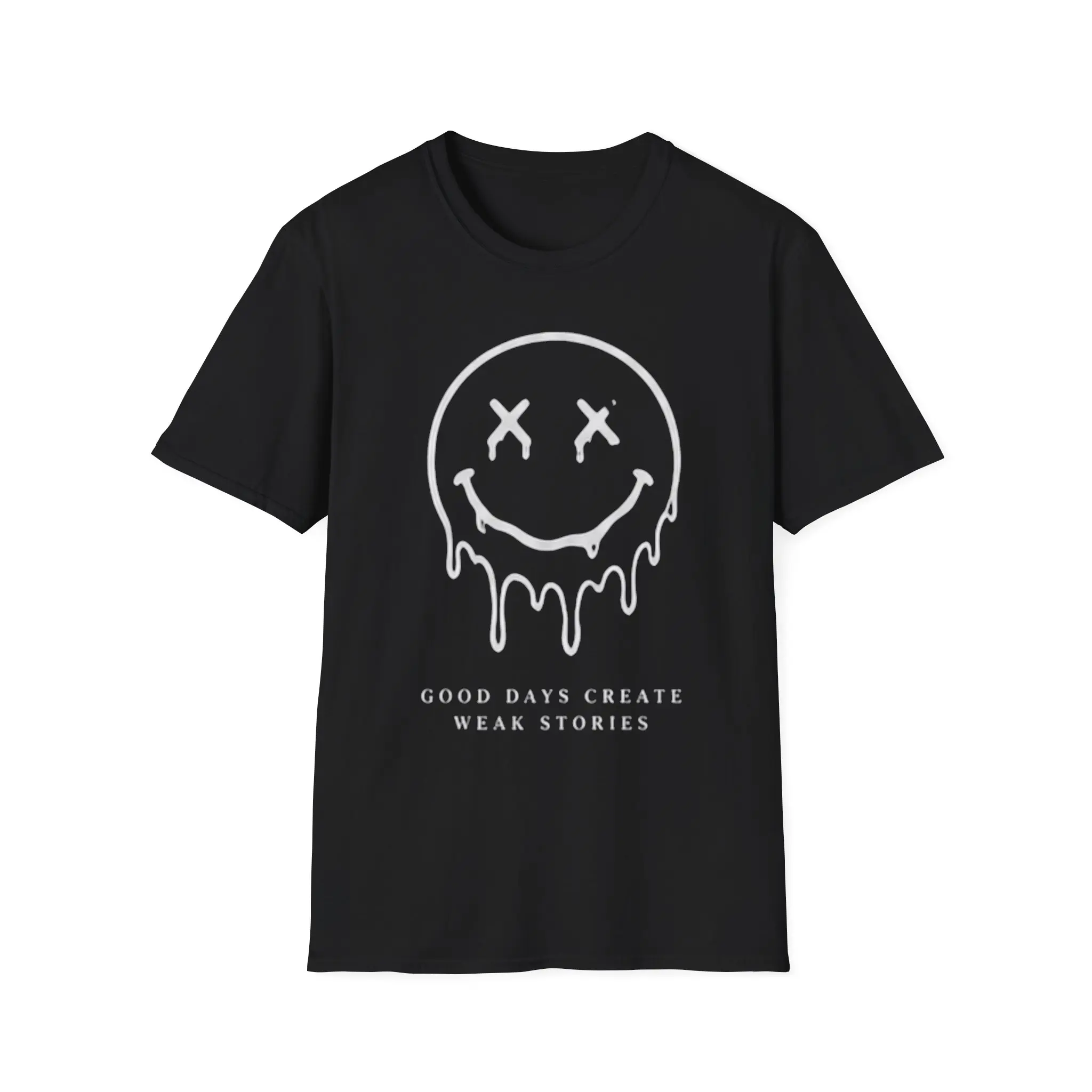 Men's Grunge Short-Sleeve Knit T-Shirt - Breathable Elastic Ring-Spun Cotton, Dripping Smiley Face with Crossed-Out Eyes Graphic, "Good Days Create Weak Stories" Line, Round Neck, Oeko-Tex Certified Artist Artwork, Streetwear Menswear Tee