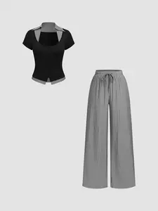 2piece Contrast Striped Trim Square Neck Fitted Top and Trousers Elegant Matching Outfit