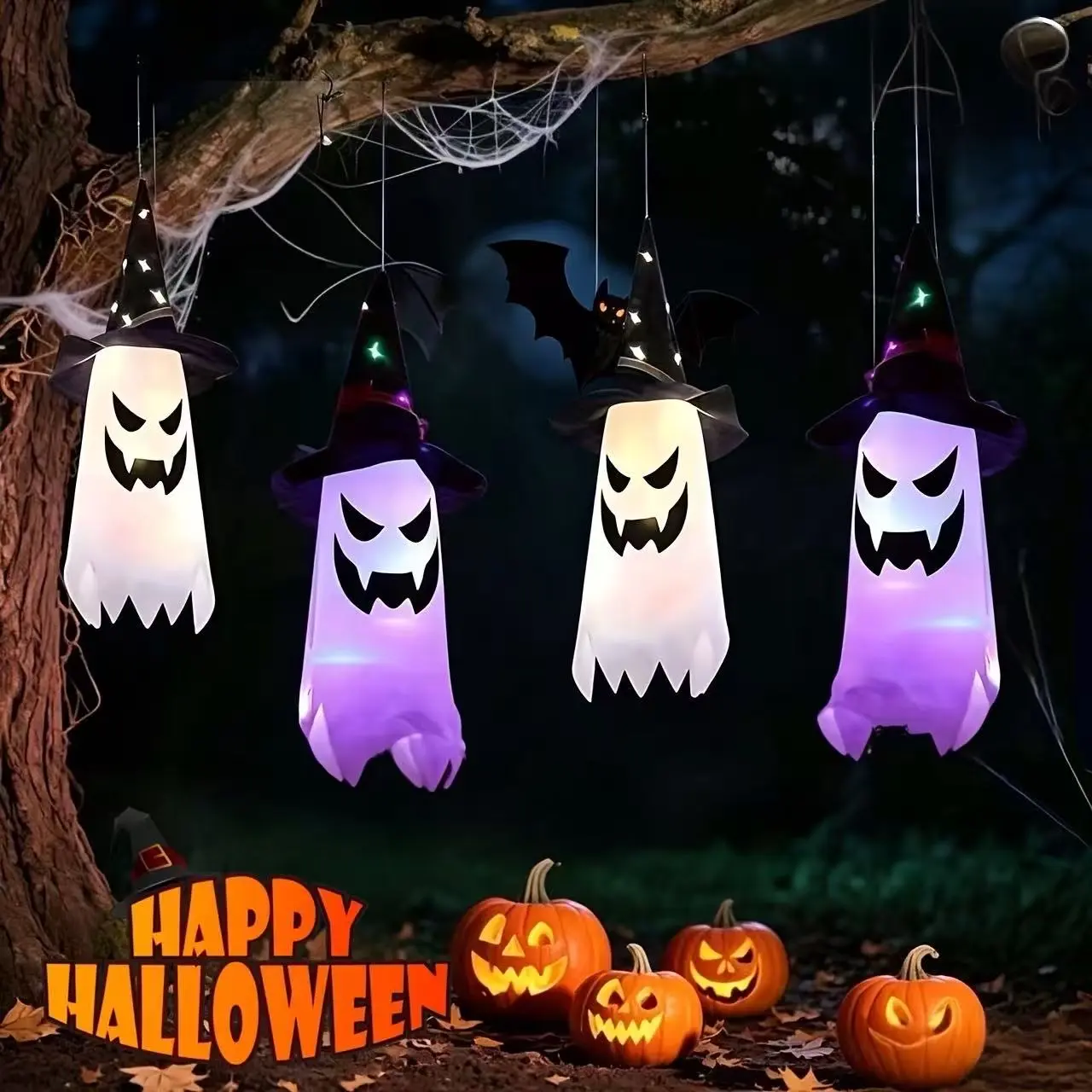 Battery-Powered Color-Changing Hanging Witch Ghost Halloween Decorations, 3-Lighting-Mode LED Glowing Ornament with Witch Hat for Tree, Porch, Haunted House Party Supplies