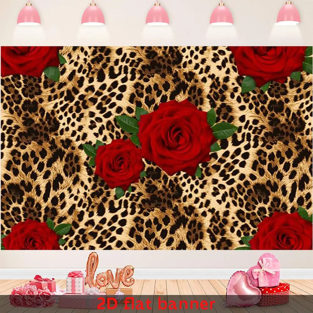 1PC 2D Flat Leopard Print Red Rose Polyester Backdrop Banner, Reusable Home & Festive Party Decoration for Birthday, Valentine's Day Celebration, Photography Backdrop,summerwins