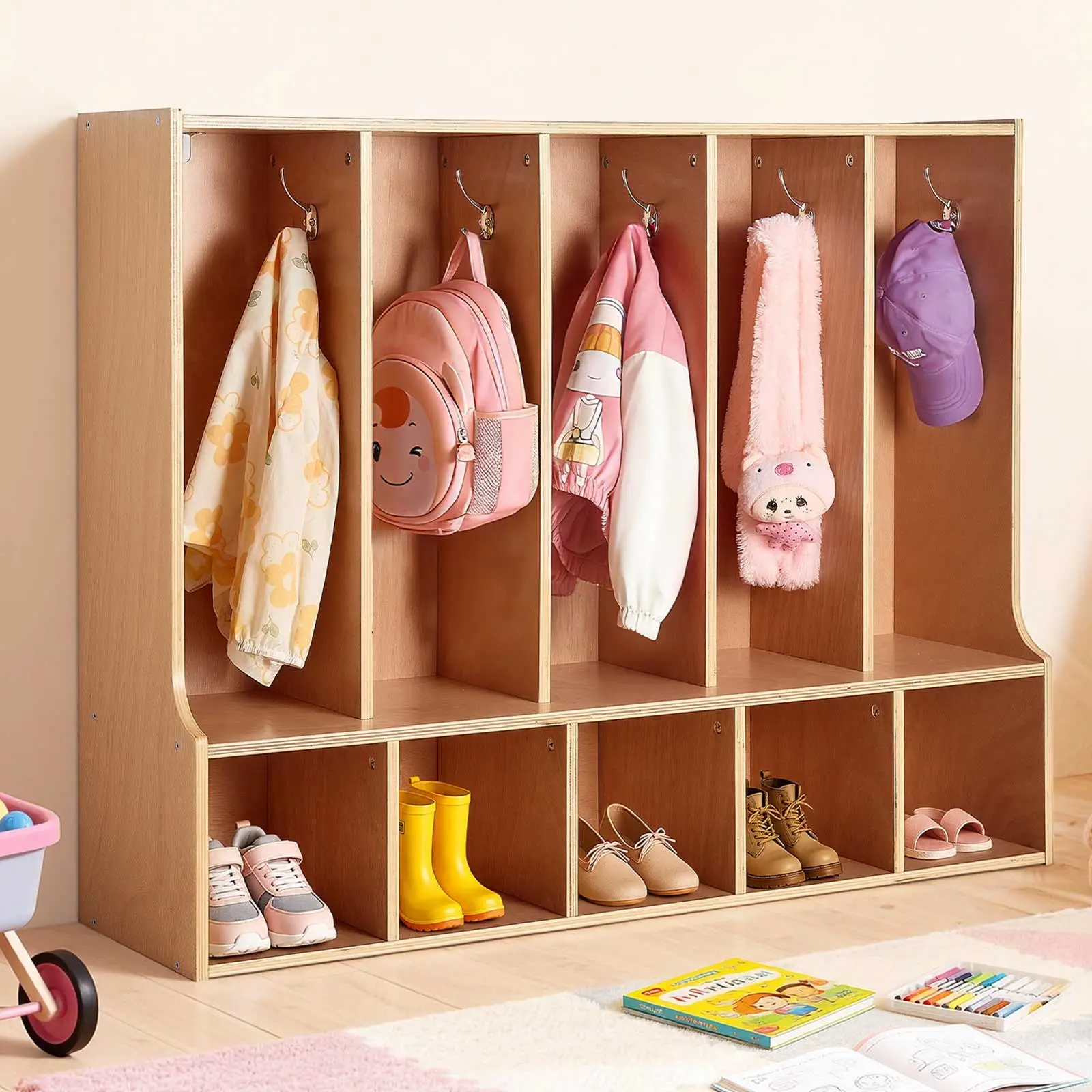 VEVOR 5-Section Plywood Kids Coat Locker, Wooden Toddler Cubby Storage Organizer with 10 Hooks, Non-Slip Mat, 5 Small Open Storage Boxes, Reinforced Base & Simple Assembly for Home, Kindergarten, Playrooms, 5 Coat Cabinets