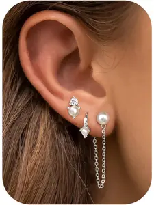 6 Pcs Pearl Earrings for Women Huggie Hoop Earrings Pearl Drop Earrings Dainty Stud Earrings Piercing Pearl Chain Earrings 14K Gold Plated Dangle Pearl Earrings Set Silver Gold Earrings for Women