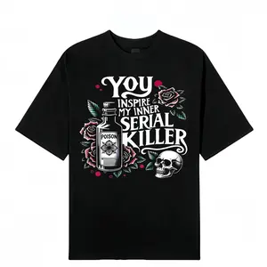 Women's Plus Size Edgy Graphic Tee - Funny "You My Inner Killer" Print, Skull Roses Design, Streetwear Style, Spandex Smooth Seamless Slimming Fabric, Casual Crew Neck Short Sleeve Top for Spring Summer, Black, M-5XL