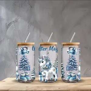 Winter Magic Unicorn - UVDTF Wrap, Reusable Water Bottle with Decorative Design, Portable & Washable, Ideal for Winter Fun