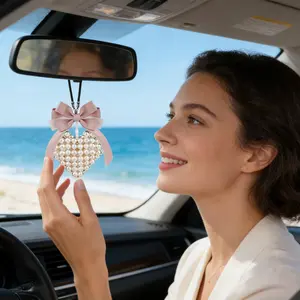 Pearl Heart Car Hanging Ornament, Bow Rearview Mirror Decoration, Car Interior Decor for Women, Cute Car Accessories
