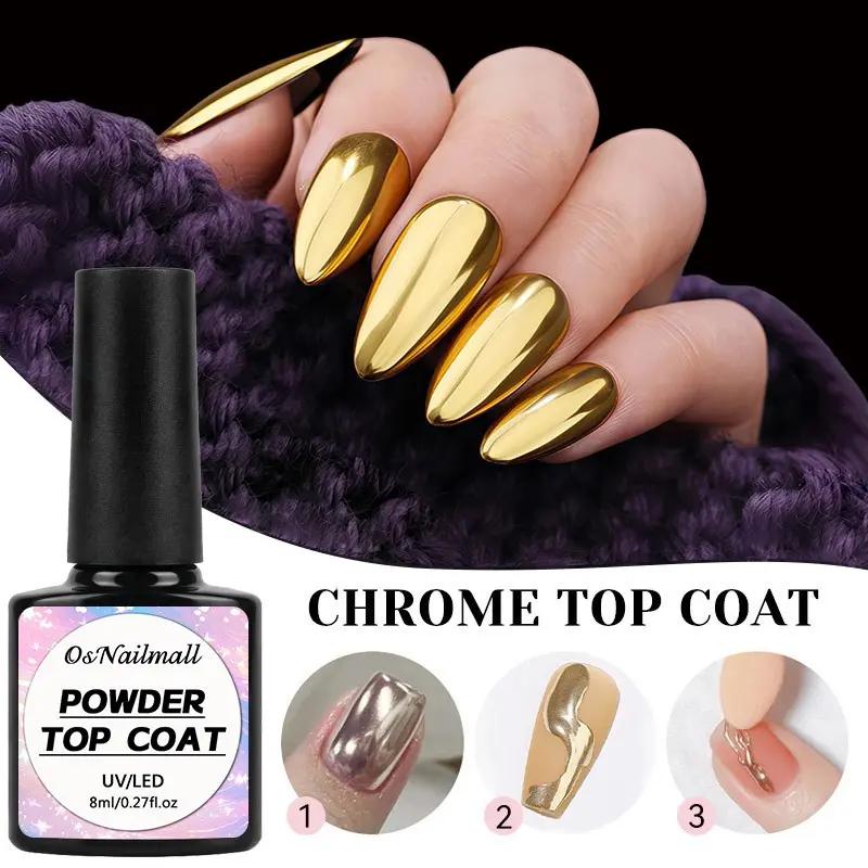 Osnailmall Mirror Powder Chrome Top Coat Nail Gel Polish, Soak off Functional Nail Art, Nail Gel Soak Off, Gel Manicure