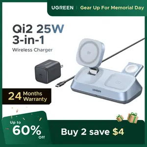 UGREEN 25W Qi2 Certified 3-in-1 Magflow Wireless Charging Stand, Magsafe Fast Wireless Charger for iPhone 17/16/15/14/13/12, AirPods and Apple Watch, Desk Stand with Adjustable Angle,（No battery）,tiktokshopmemorialday