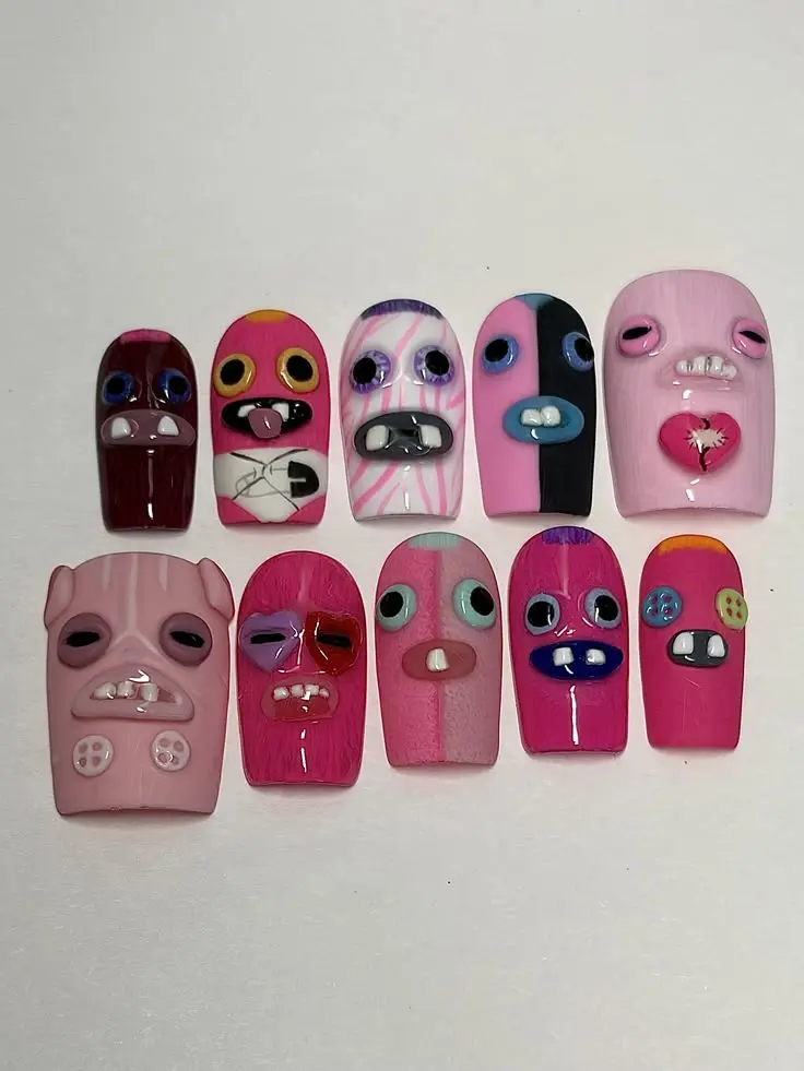 Handmade EfFuggleree Inspired Press On Nails | 3D Monster Button Eyes Toothy Kawaii Creepy Cute Fake Nails with FREE Adhesive Tabs FREE Nail File FREE Cuticle Stick