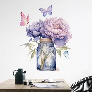 Romantic Hand-Drawn Butterfly Vase Wall Art, Floral Prints, Self-Adhesive Bedroom Background Decor, Fridge Door Decoration, Home Decor, Unframed Art Print