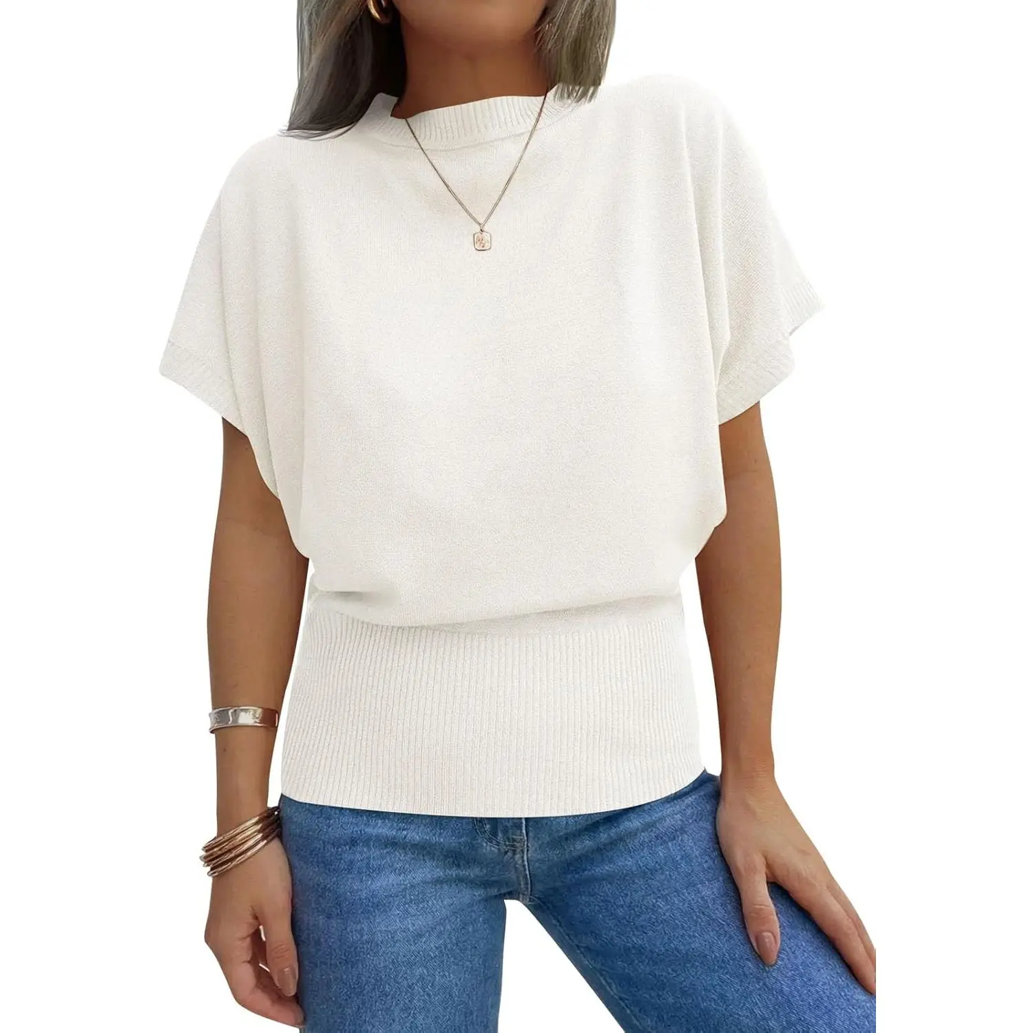Saodimallsu Women's Minimalist Ribbed Knit Short-Sleeve Batwing Round Neck Pull-On Pullover Top - Cinched Waist, Plain Viscose Polyamide Fabric, Casual Streetwear Top, Medium Cut, Hand Wash Only