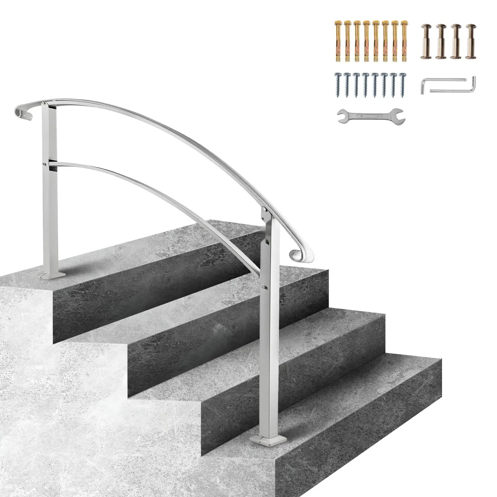 Outdoor Steps Handrails, White Wrought Iron Railing For 1 Or 4 Step Staircases, Flexible Front Porch Hand Rail, Transitional Design For Concrete Or Wooden Stairs, Weatherproof, Easy Install, Durable Outdoor Safety And Support