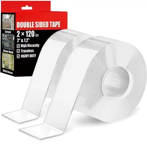 Double Sided Heavy Duty Extra  Adhesive Removable Tape - 1.2 & 2 Inch x 20  - Nano Tape for Poster Carpet Picture Hanging Strip Rug Wall Outdoor - Multipurpose Clear Mounting Tape