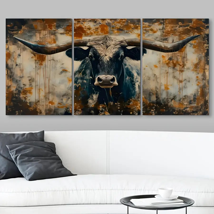 3-Piece Highland Longhorn Cow Animal Prints - Creative Design Print, Non-Toxic Eco-Friendly UV Resistant Aesthetic Wall Decor for Farmhouse Living Room Home Gift