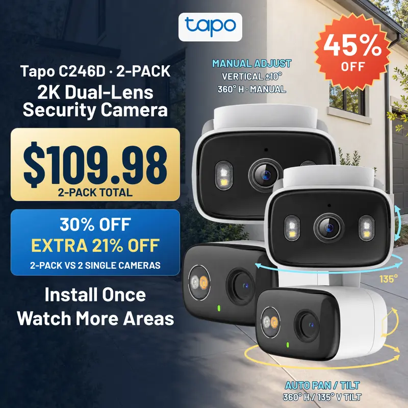 TP-Link & Tapo C246D(2-Pack) 2K 3MP Dual Lens Pan/Tilt Indoor/Outdoor Security Cameras with AI Detection, 360° Pan, Free Person/Vehicle Detection, SD/Cloud Storage, Works with Alexa & Google Home  #SummerWins #DealsForYouDays