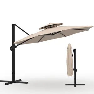 360° Rotating Cantilever 10x10 ft Round Patio Umbrella, Heavy Duty Aluminum Outdoor Umbrella with Adjustable Height for Garden Poolside, Khaki (Base Not Included)