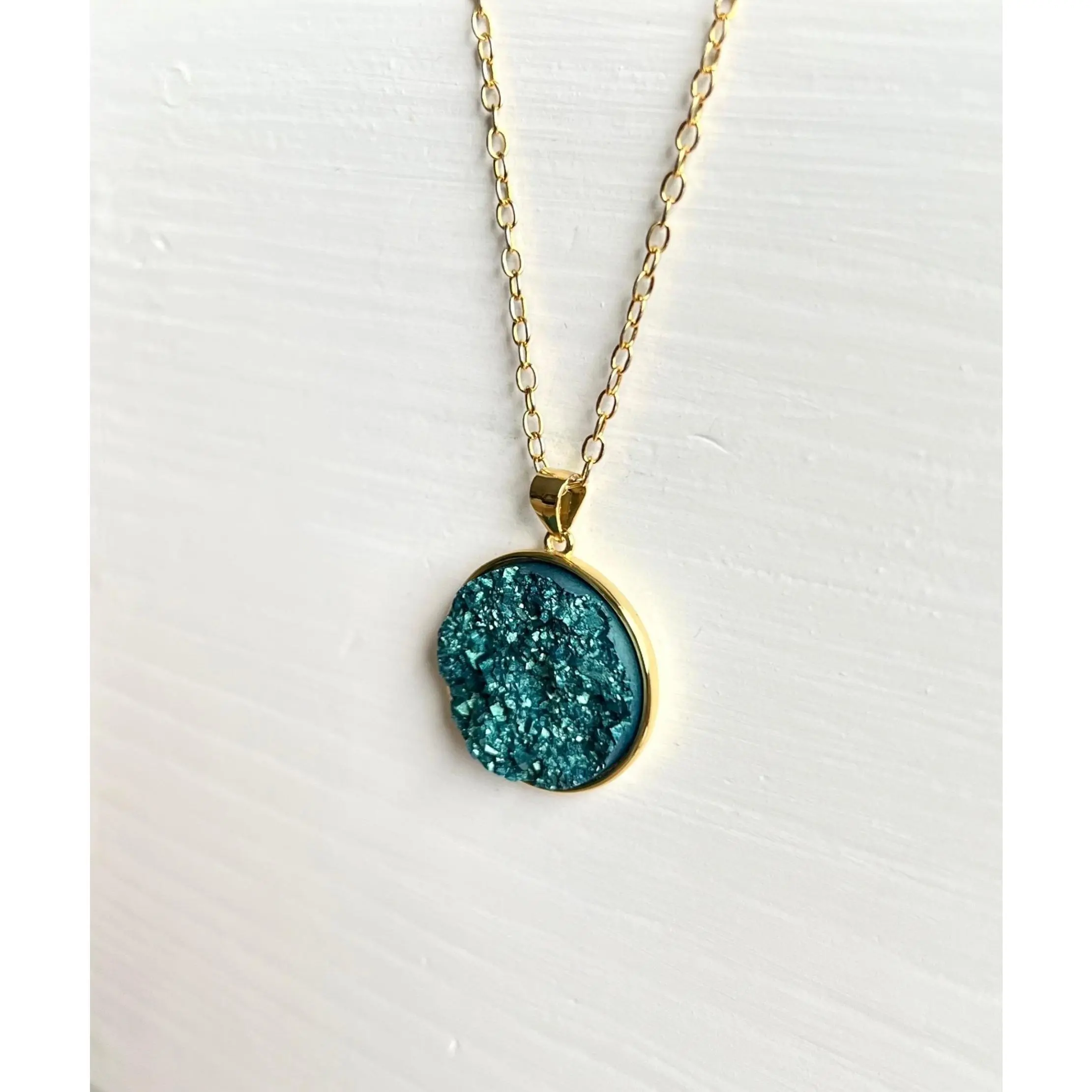 Turquoise-Blue Druzy Resin Necklace- Gold Vermeil Chain and Pendant Tray