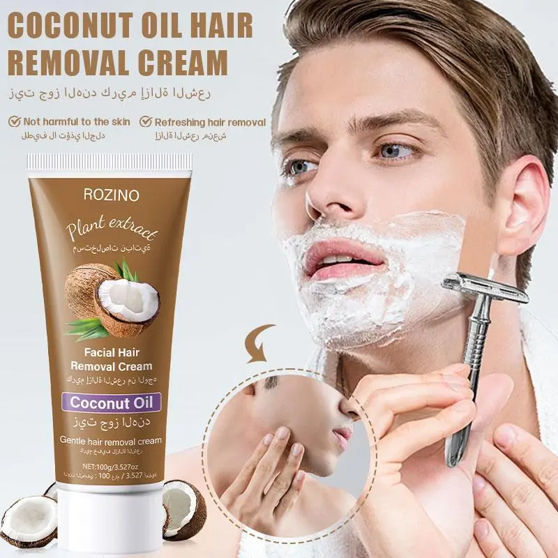 100g ROZINO Coconut Oil  Removal Cream for Full Body & Face, Gentle Plant Formula for Thick  + Glossy Water Ripple Press On Nails for Sensitive Skin remover silky smooth men woman depilatory hair removal