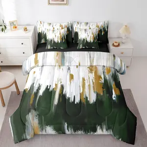 Oil Painting 7pcs Bedding Sets,Emerald Green Ombre Bed in a Bag with Flat Sheet and Fitted Sheet,Watercolor Comforter Set,(Black Reversible)