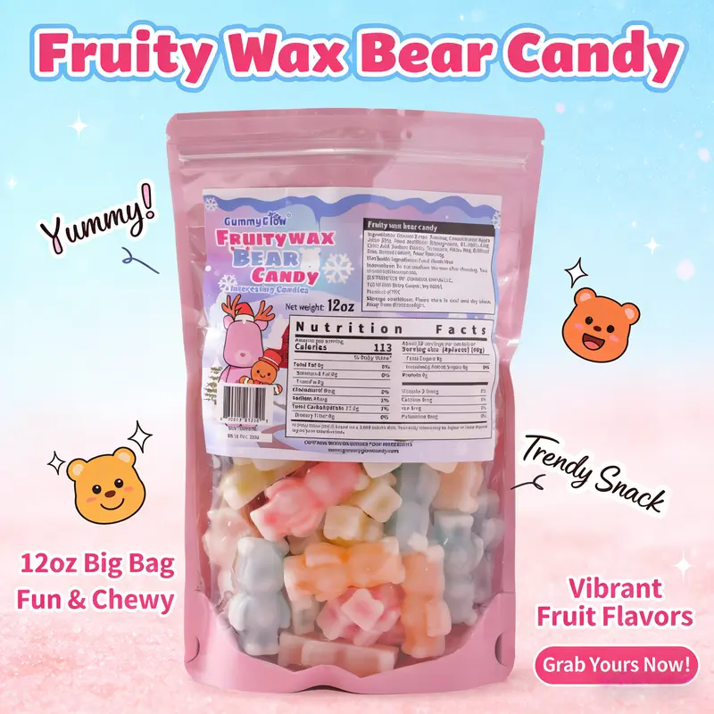 Brand New Upgrade!!! FruityWax Bear Candy 12oz Pack Five Flavors Wax Upgrade Bear Shape Retro Party Treats ASMR Sweet Bonbon Snack() Fruitsnacks Viral Candy Wax Candy Bombs