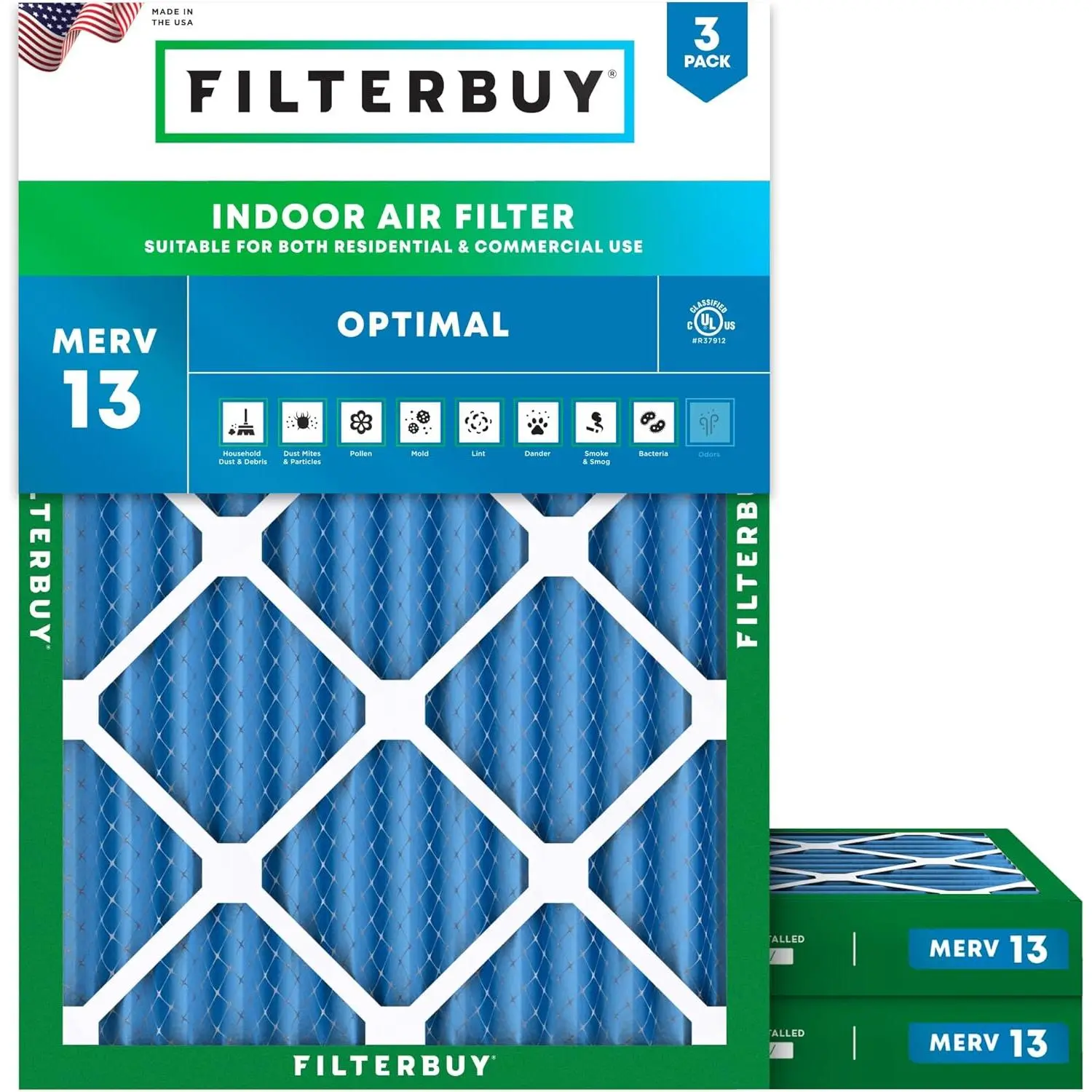 Household Rectangular Electrostatically Charged Eco-Friendly MERV 13 Rating HVAC AC Furnace Air Filter (3-Pack, 17x19x2 in, Actual Size: 17.00x19.00x2.00in)