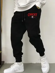 Men's Halloween Printed Joggers - Black with Red CHUCKY Text - Heavyweight Polyester Pants for Gym, Casual & Halloween Costumes - Drawstring Waist & Side Pockets