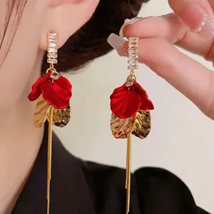 Fashion Metal Red Petal Micro Inlaid Zircon Earrings Silver Needle Fashion Zodiac Year Tassel Flower Lucky Earrings for Women