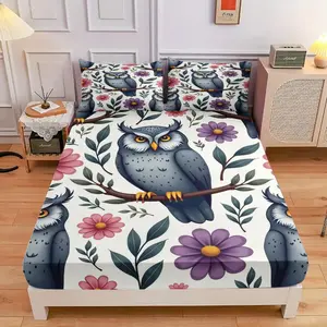 3-Piece Comfortable Owl And Flower Bed Hat Set, High-Definition Digital Printing, Soft And Breathable, 100% Polyester Fiber, Perfect Gift For All Seasons, Suitable For Family And Friends. Clearance Sale