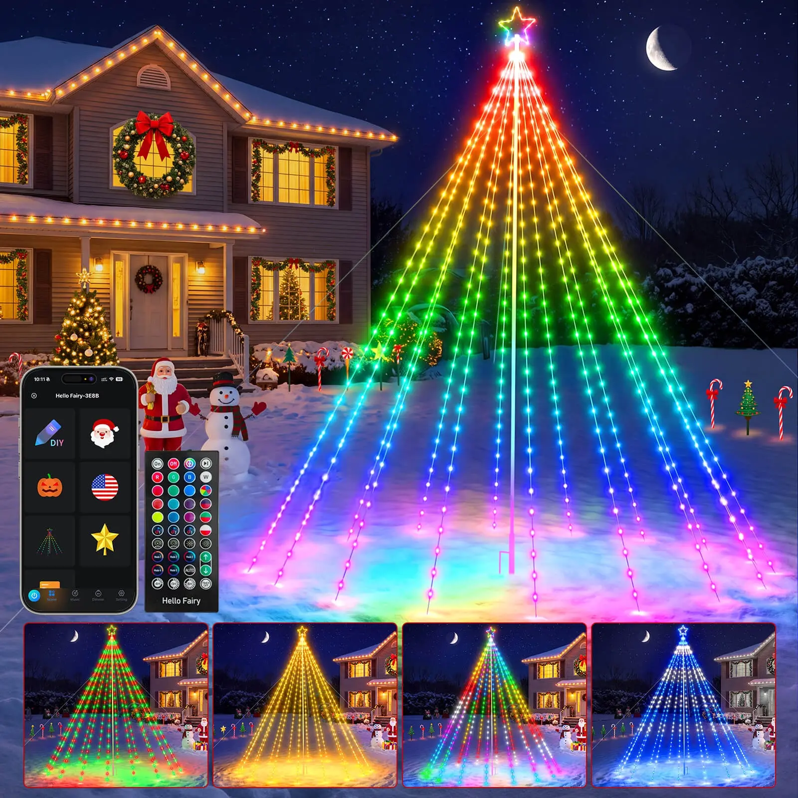14FT 542LEDs Outdoor Smart Christmas Tree Waterfall Lights with Pole DIY Color Changing App-controlled (Copy)