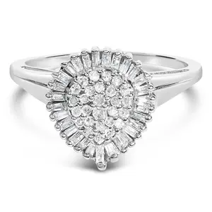 10K White Gold 1/2 Cttw Round & Baguette Cut Diamond Pear Shaped Domed Pavé Cluster with Halo Cocktail Ring (H-I Color, SI1-SI2 Clarity)