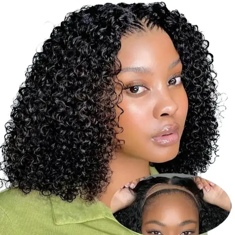 Black Women's 4x4 HD Pre-Plucked Water Wave BOB Human Hair Wig, Curly Frontal Glueless Wear-And-Go Wet Wavy Hair Extension, Curly Hair, Glueless Wigs Hd Lacefrontal Wigs Natural Bob Wigs