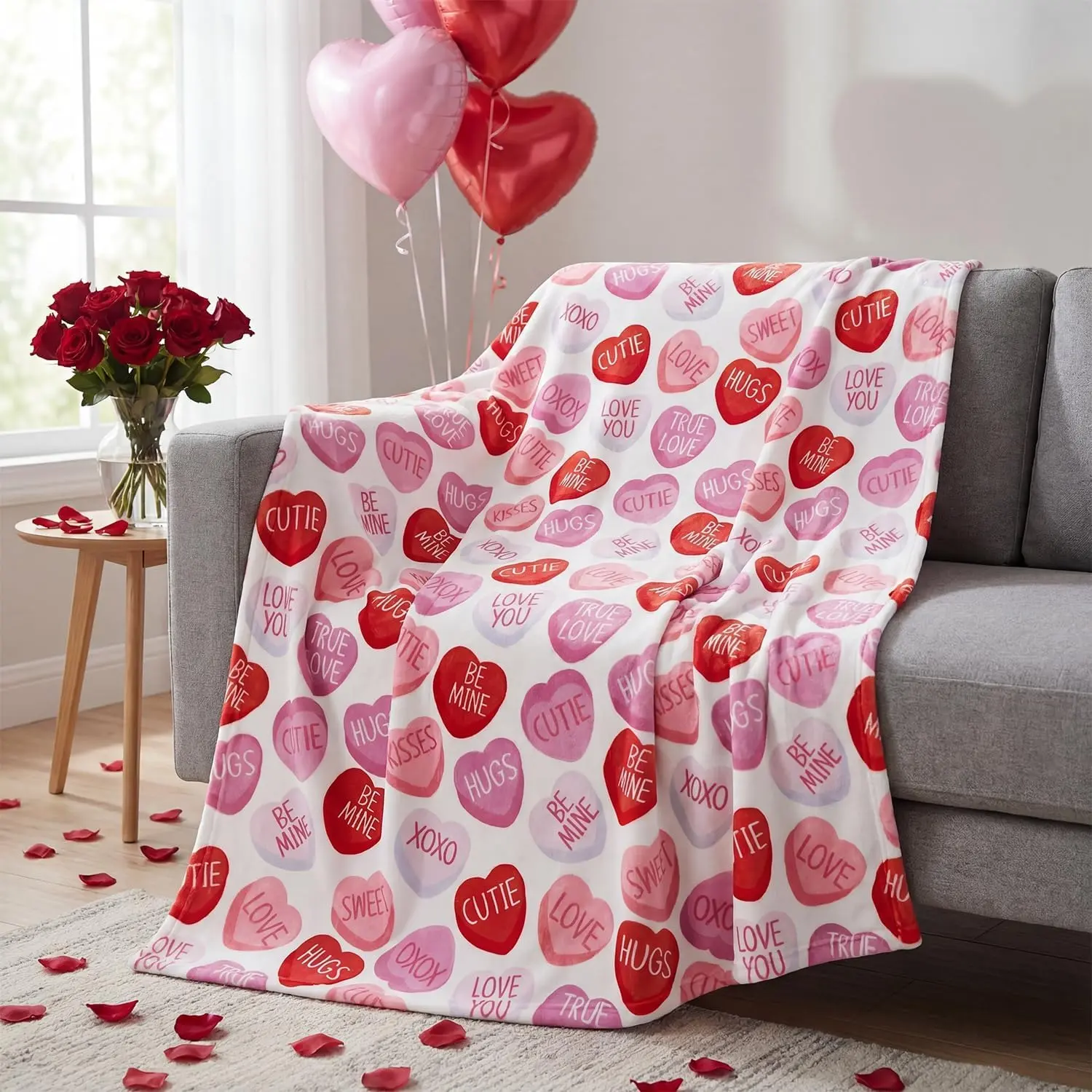 Valentine Flannel Throw - Pink Hearts with Words, Soft Fuzzy Plush Fleece, 50x60in Decorative Giftable Item, Heartwarming Living Room Decor Gift for Adults, Kids, Ideal for Couch Sofa Bed Lounging, Decorative Giftable Blankets