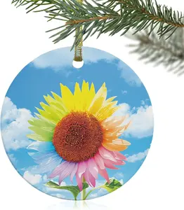 2024 Christmas Ornament Xmas Tree Hanging Accessories,Spring Sunflower Blue Sky White Cloud Christmas Tree Round Ceramic Ornaments for Holiday Party Home Decor,Colorful Floral Green Leaves