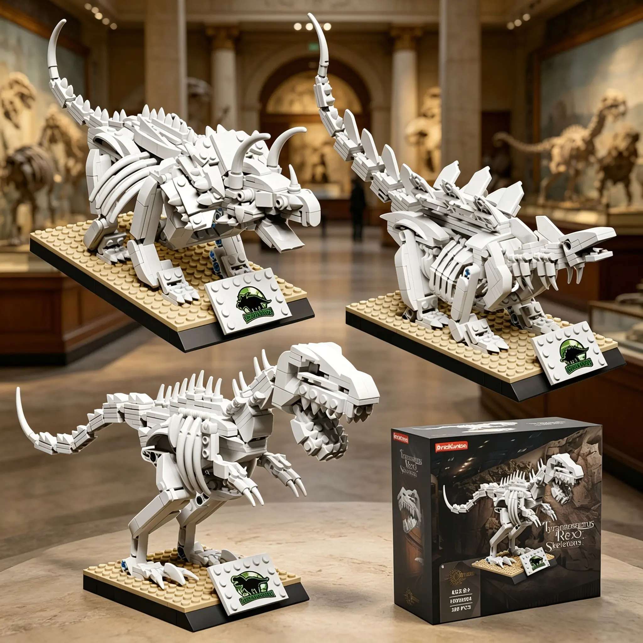 300+pcs Museum Dinosaur Series, Triceratops/Stegosaur/Tyrannosaurus Rex Fossils, DIY Assembled Small Particle Bricks, Building Blocks Set, Desktop Decorative Ornament Toys, Halloween/Christmas Gift Sets, Bricker Build Sets, Building Block Model