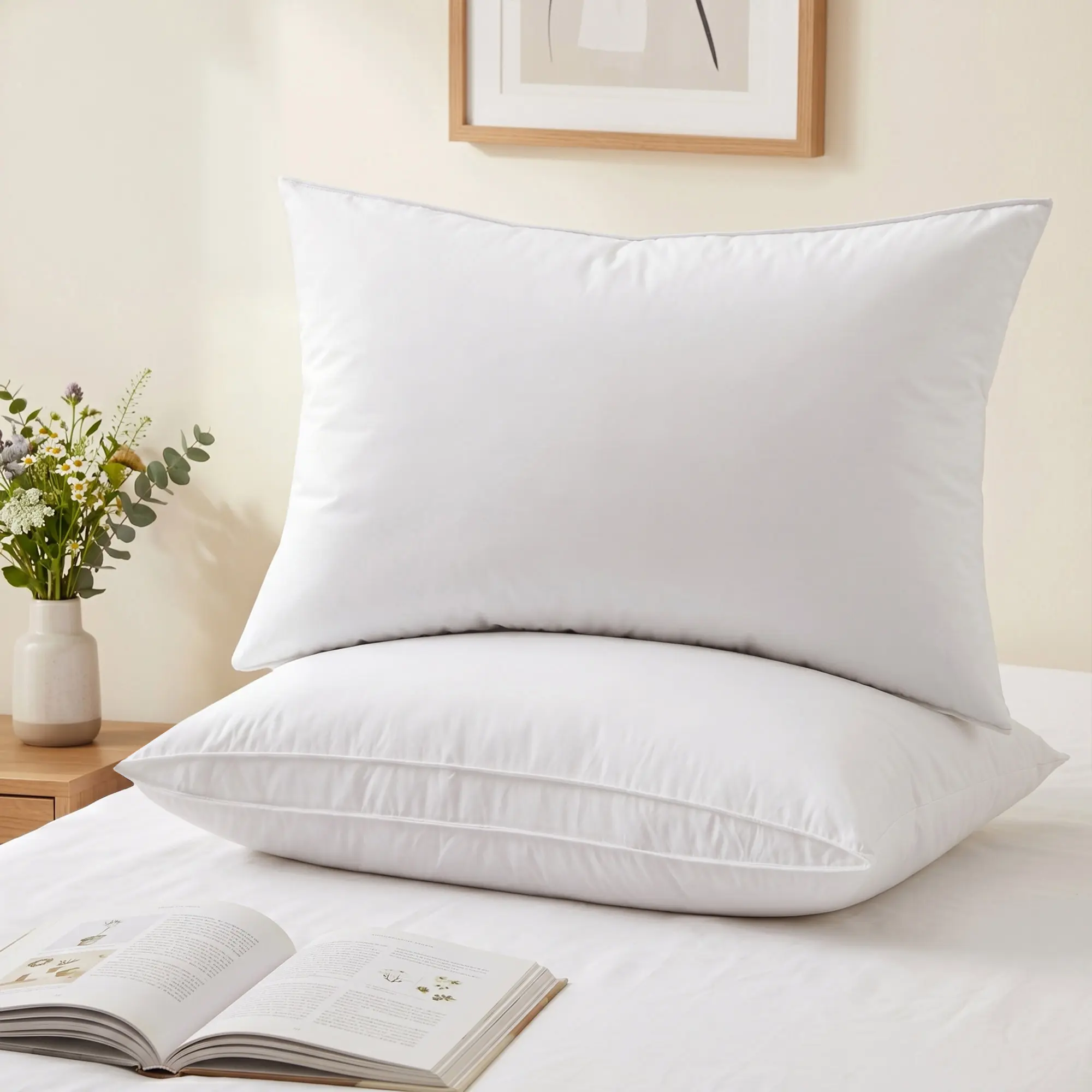 PEACE NEST Luxury Goose Feather Gusseted Pillows Set of 2 - 100% Cotton Cover, Medium Firm Support, Enhanced Neck and Shoulder Support Hotel Bedding Pillows for Side Sleepers