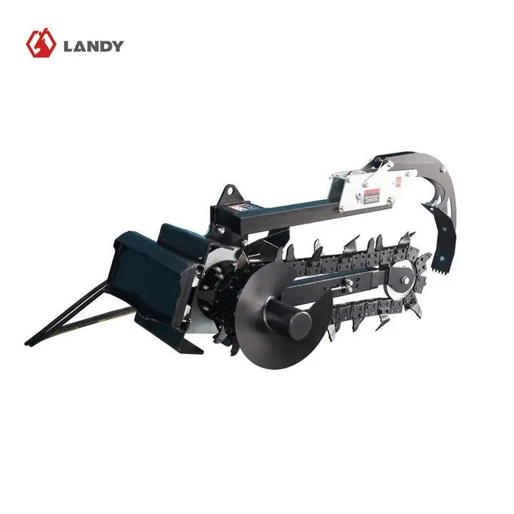 Landy Mini Track Loader Skid Steer Trencher Attachment - Universal Quick Attach, 5.85" Width, 38" Depth, 20 GPM Hydraulic, 2176 psi, 37.32"x56"x70.35" Size, 679lb Weight, Adjustable Depth Control, In-House Built, for Construction, Irrigation