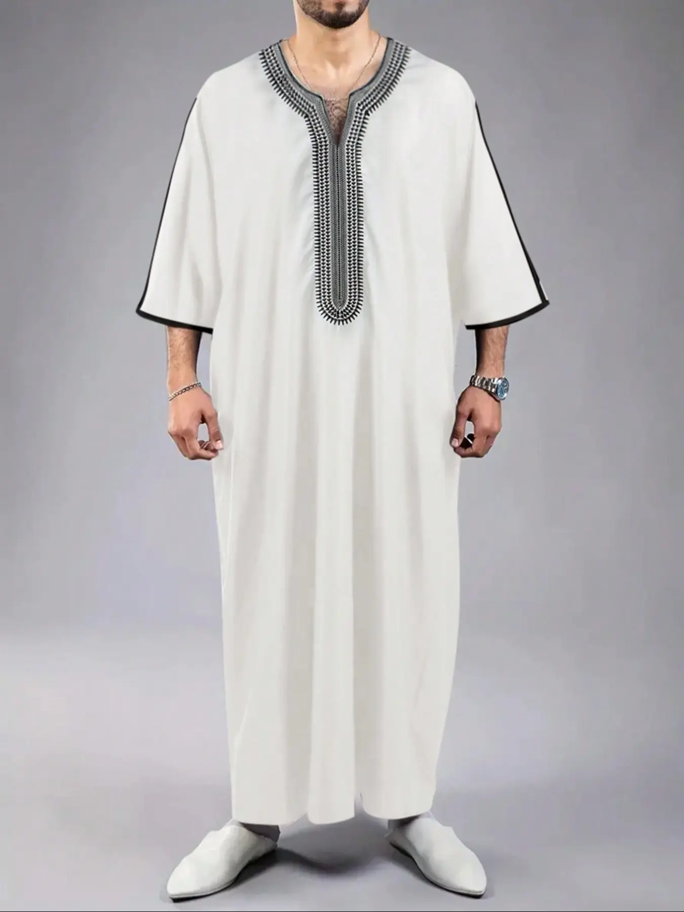 New Arab Robe Medium Short Sleeve Men Muslim Long Gown Thobe, Traditional Arabic Robe, Traditional Islamic Clothing, Comfortable and Stylish, Perfect for Daily Wear