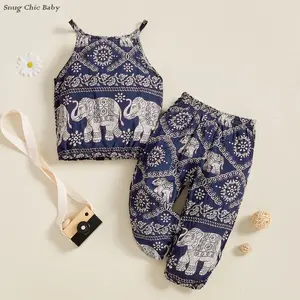 Two-piece elephant print bohemian style outfit for baby girls - tank top and harem pants, toddler summer vacation set (2-7 years old)