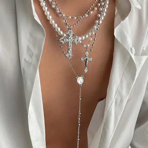 Men's Punk Style Zinc Alloy Cross Pendant Y-Shaped Necklace Set, cross chain design, Artificial Pearl Beaded Multi-Layer Chain Jewelry for All Seasons